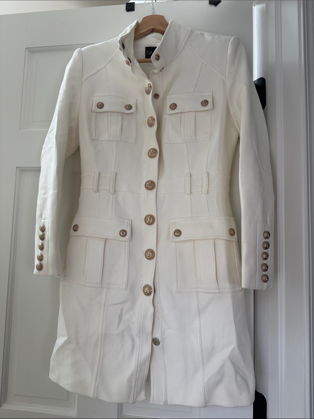 Balmain Cream Military-Style Long Trench Coat with Gold Buttons